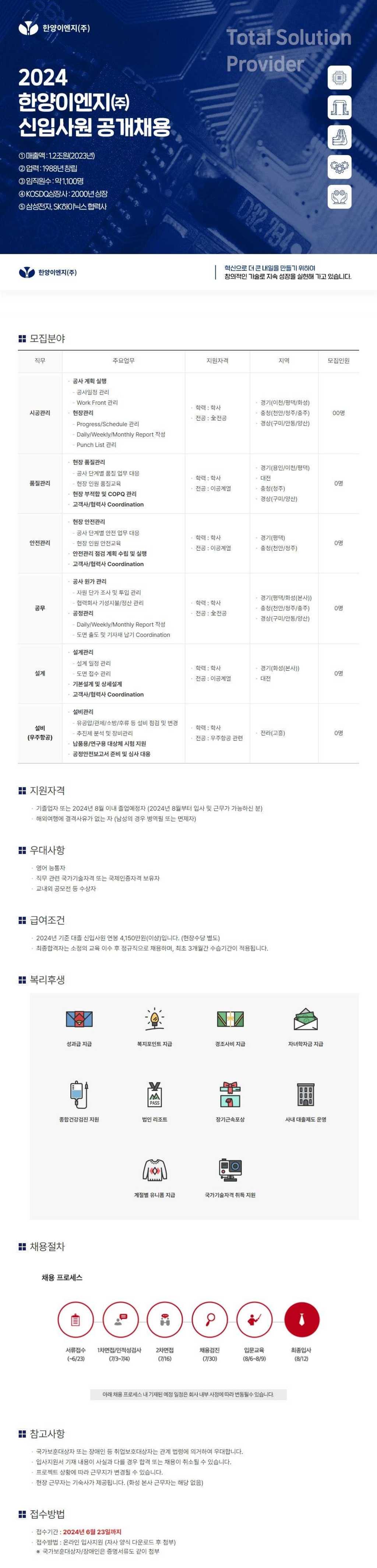 [한양이엔지] 2024년 신입사원 공개채용