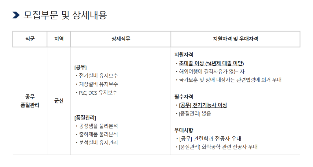 [도레이첨단소재] 2024년 군산공장 공무/품질관리 기능직 신입 채용