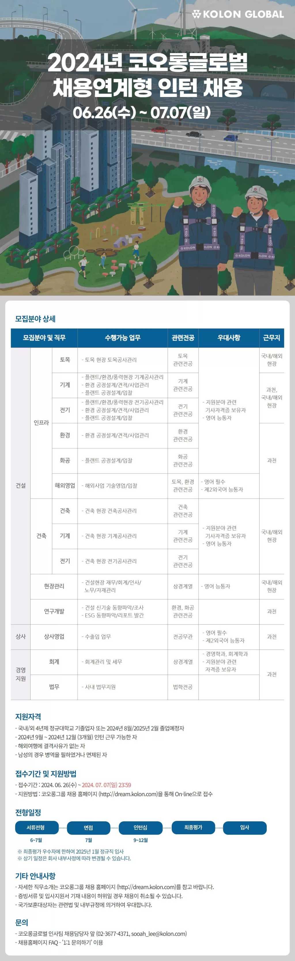 [코오롱글로벌] 2024년 채용연계형 인턴 채용