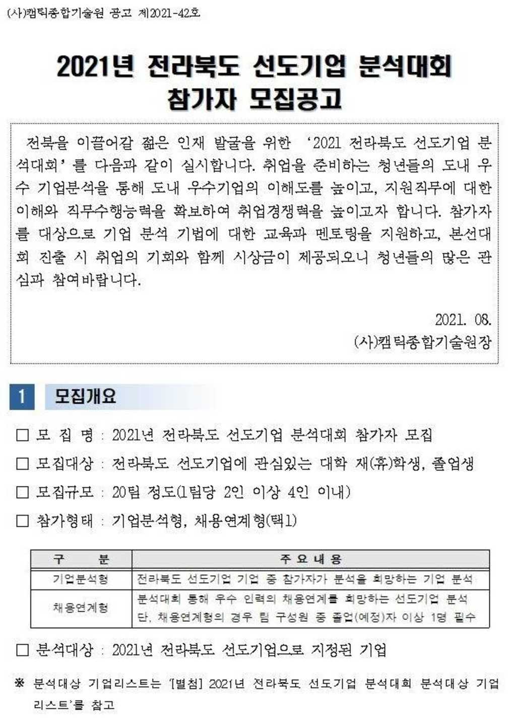 2021년 전라북도 선도기업 분석대회 참가자 모집