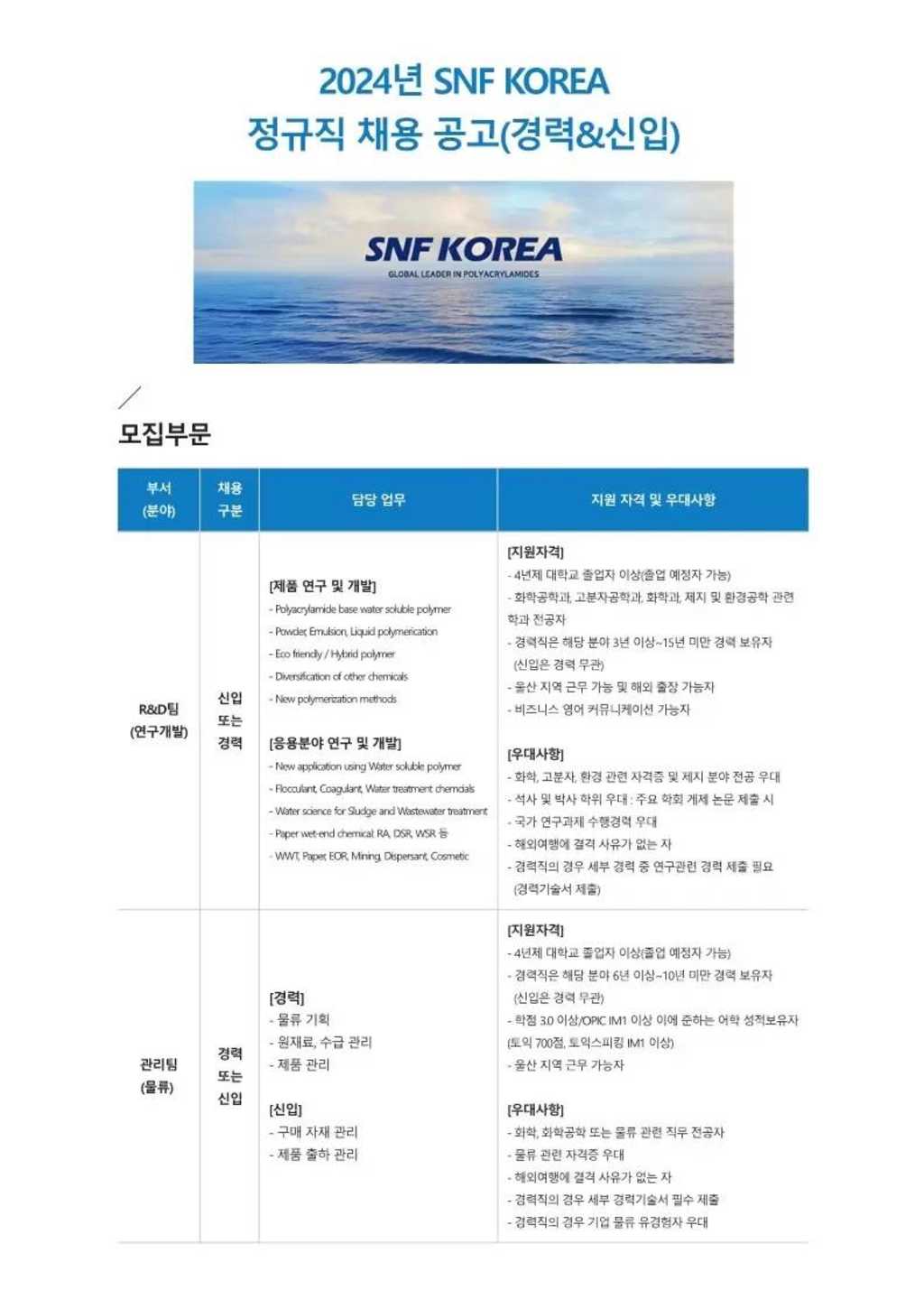 [SNF KOREA] 2024년 정규직 채용 공고