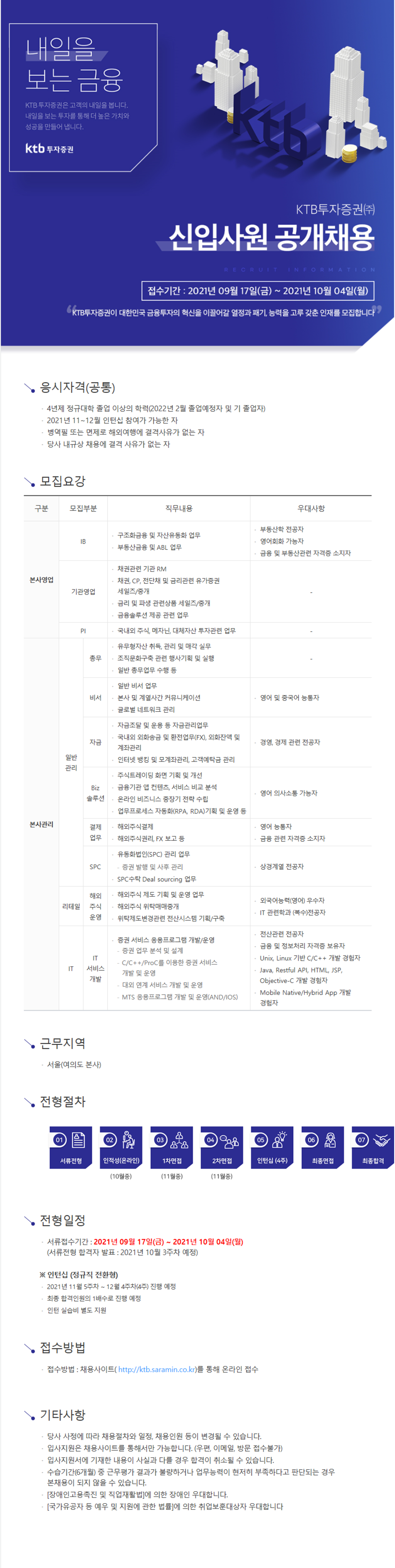 KTB투자증권 신입사원 공개채용