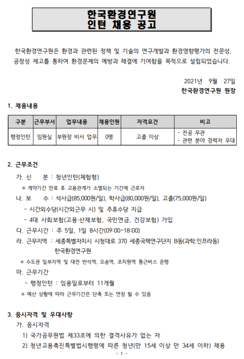 2021년 제15차 인턴직 채용