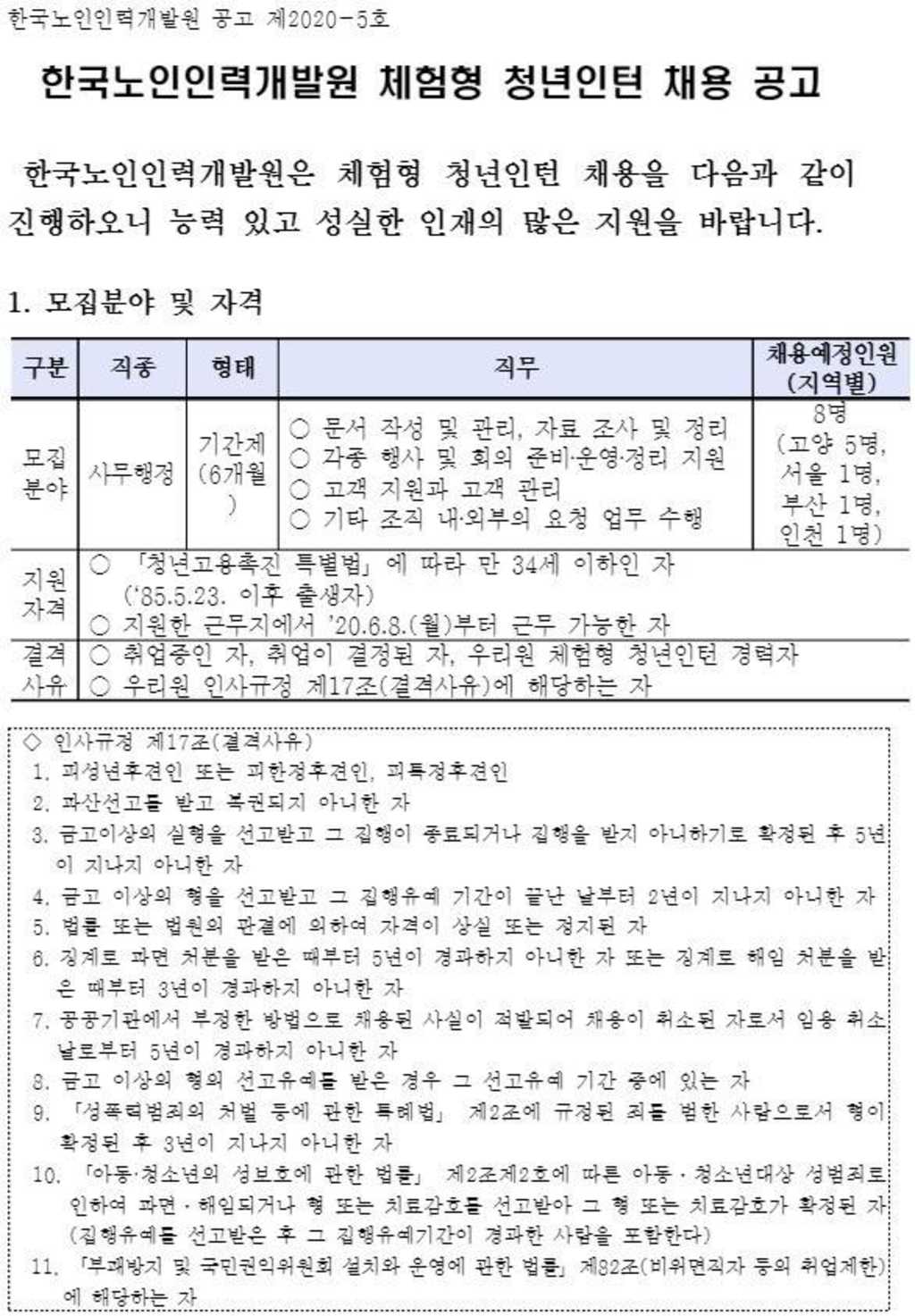 체험형 청년인턴 채용