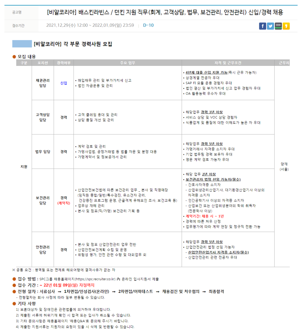 배스킨라빈스/던킨 지원 직무 신입/경력 채용