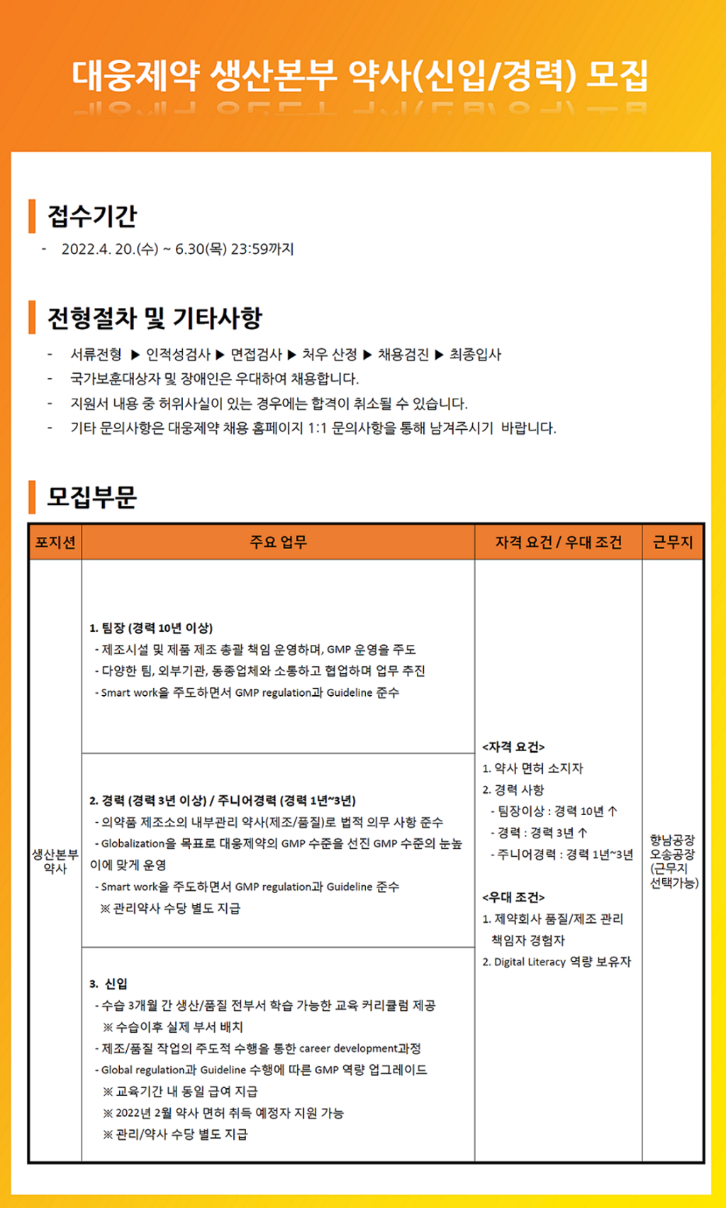 생산본부 약사(신입/경력) 채용