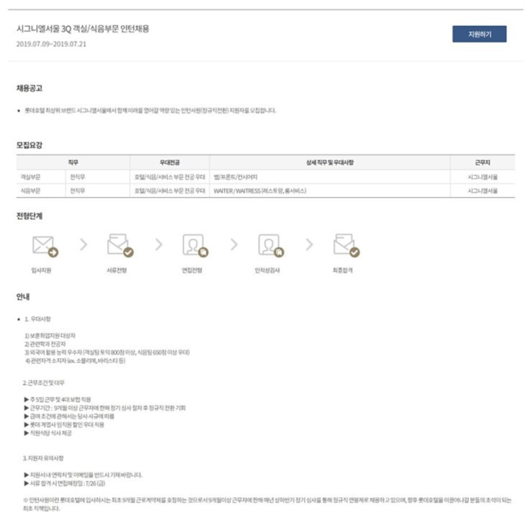 [호텔롯데] 롯데계열사! 객실/식음부문 정규직 전환형 인턴 채용 (~7/21)