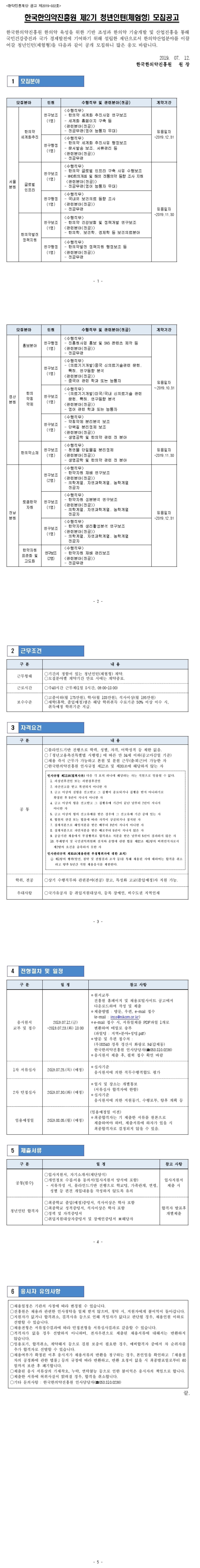 [한국한의약진흥원] 2019 제2차 체험형 청년인턴 채용 (~7/23)