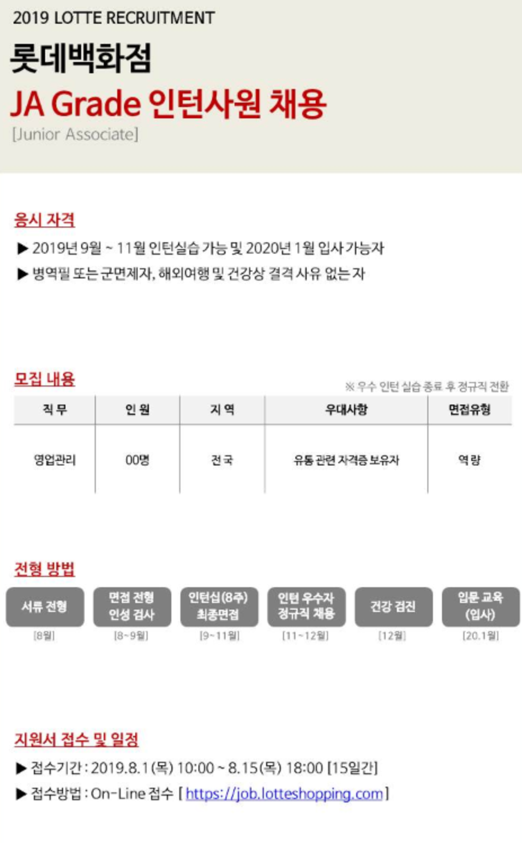 [롯데백화점] 00명 채용! 2019 JA Grade 정규직 전환가능 인턴 채용 (~8/15)