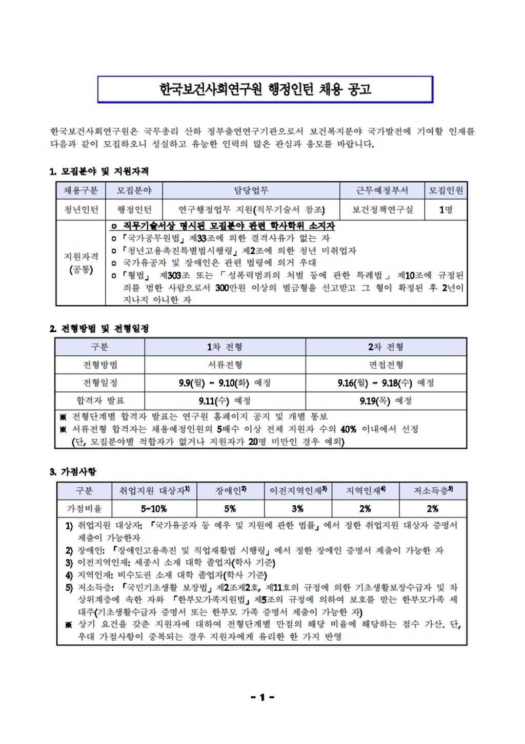 [한국보건사회연구원] 행정인턴 채용 ( ~9/6)