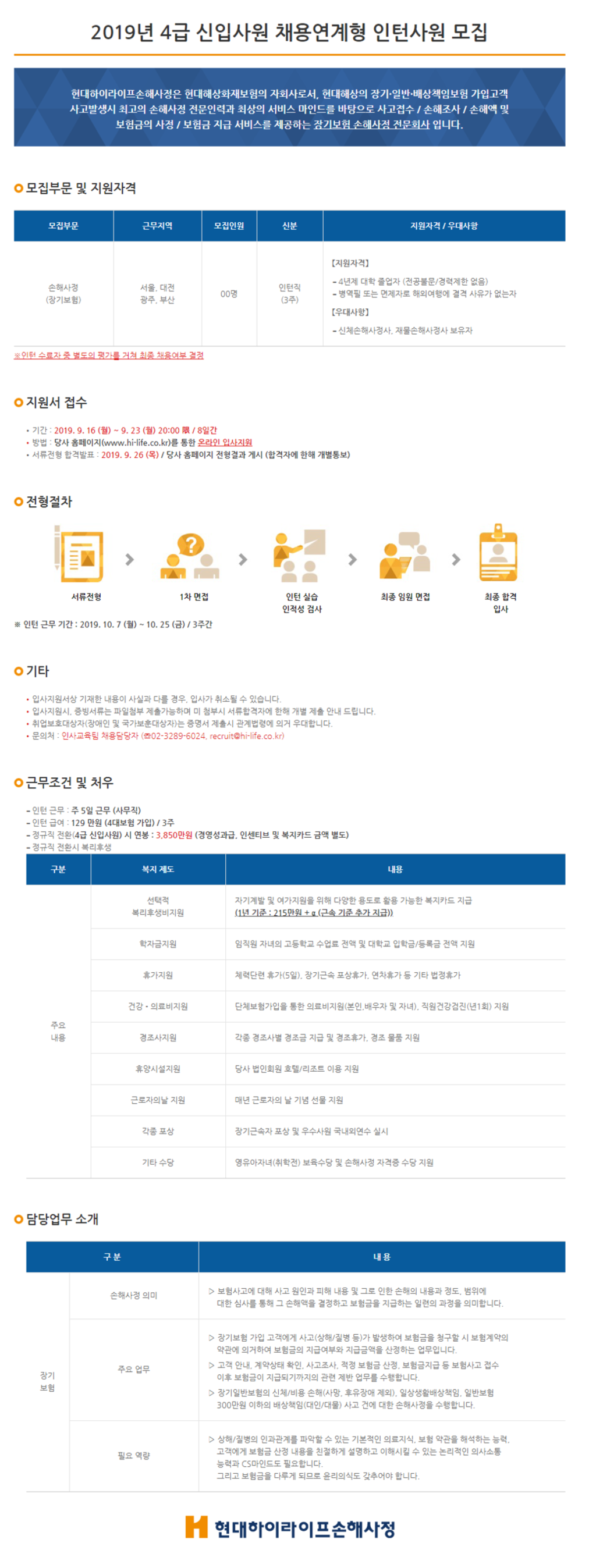 [현대하이라이프손해사정] 2019 4급 신입사원 채용연계형 인턴사원 채용 (~9/23)