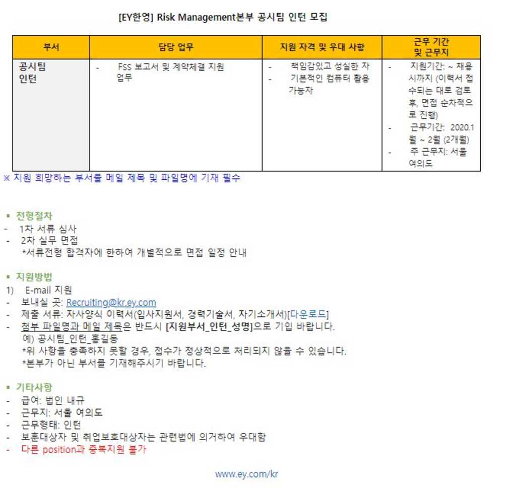 Risk Management본부 공시팀 인턴 모집