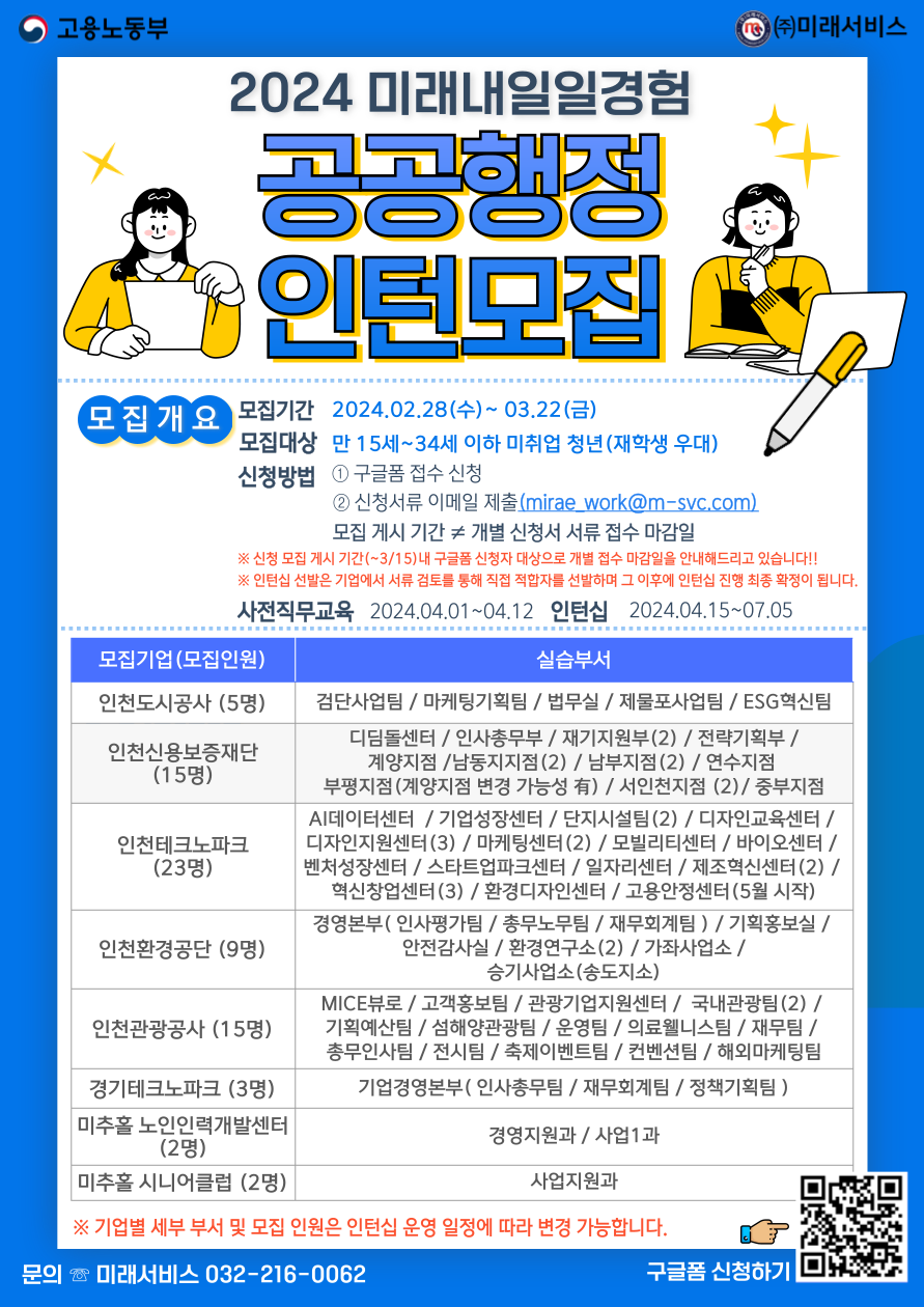 [고용노동부] [미래내일일경험] 2024 공공행정 1차 인턴 모집