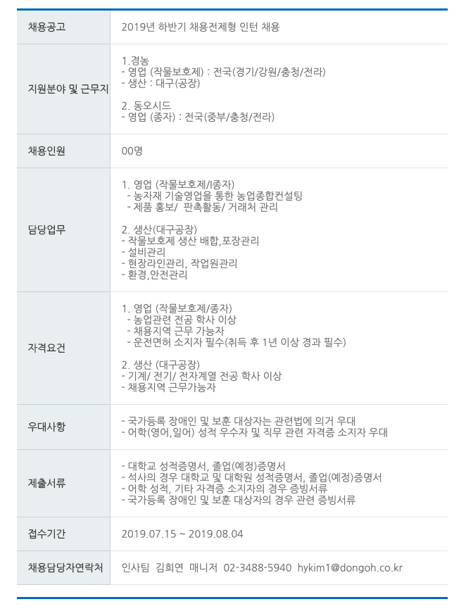 [경농] 00명 채용! 2019 하반기 채용전제형 인턴 채용 (~8/4)