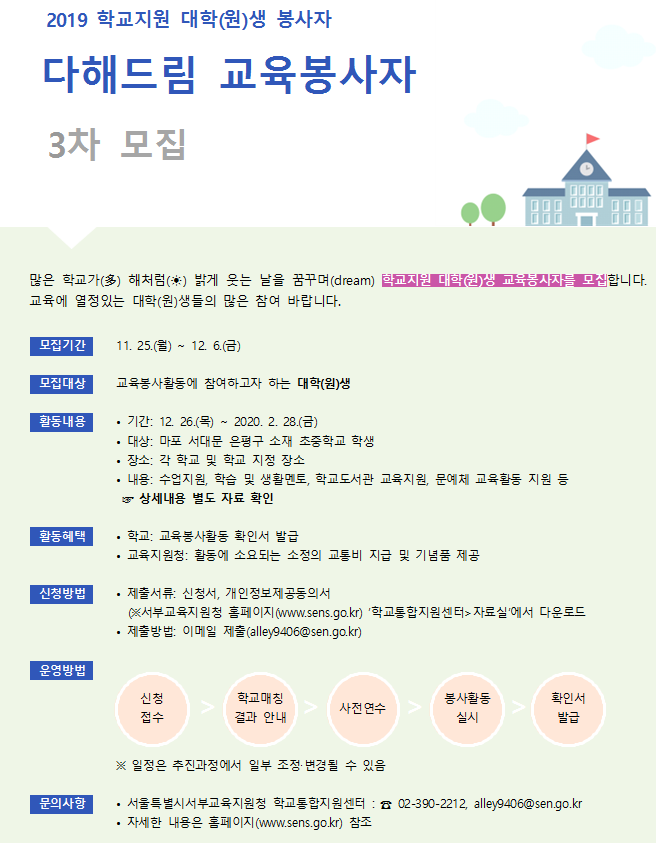 서부교육지원청 2019 교육봉사단 대학(원)생 교육봉사자 3차 모집