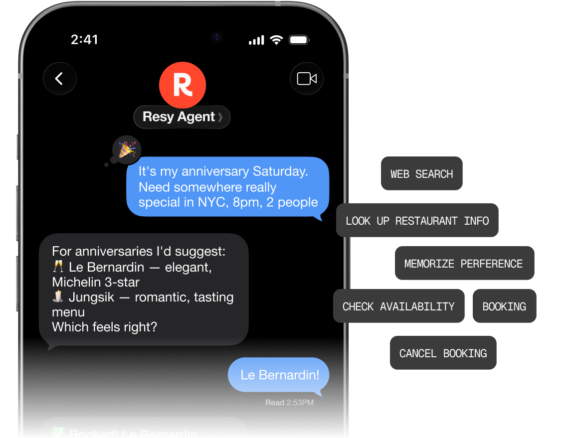 Resy booking agent iMessage conversation