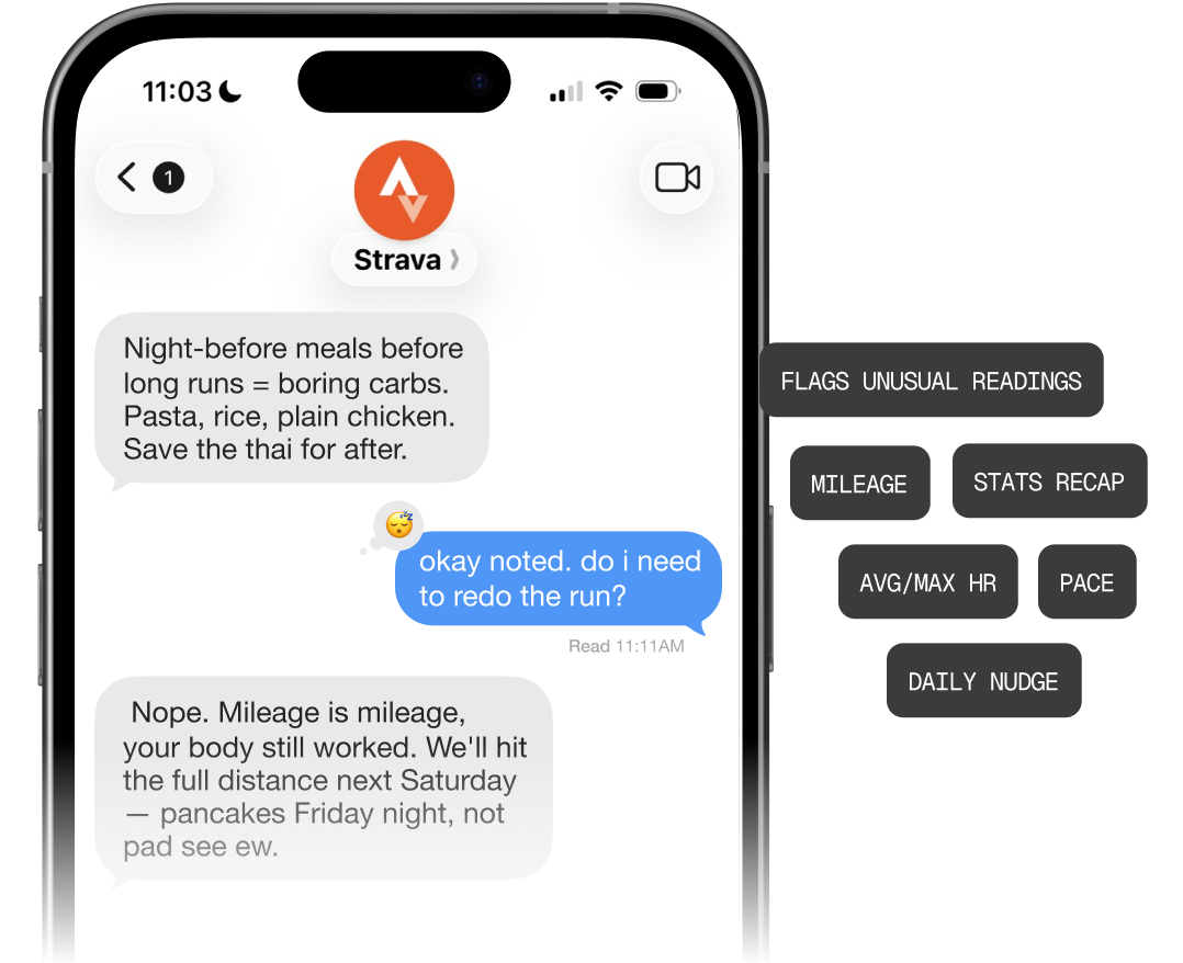 Strava Coach iMessage conversation about a recent run