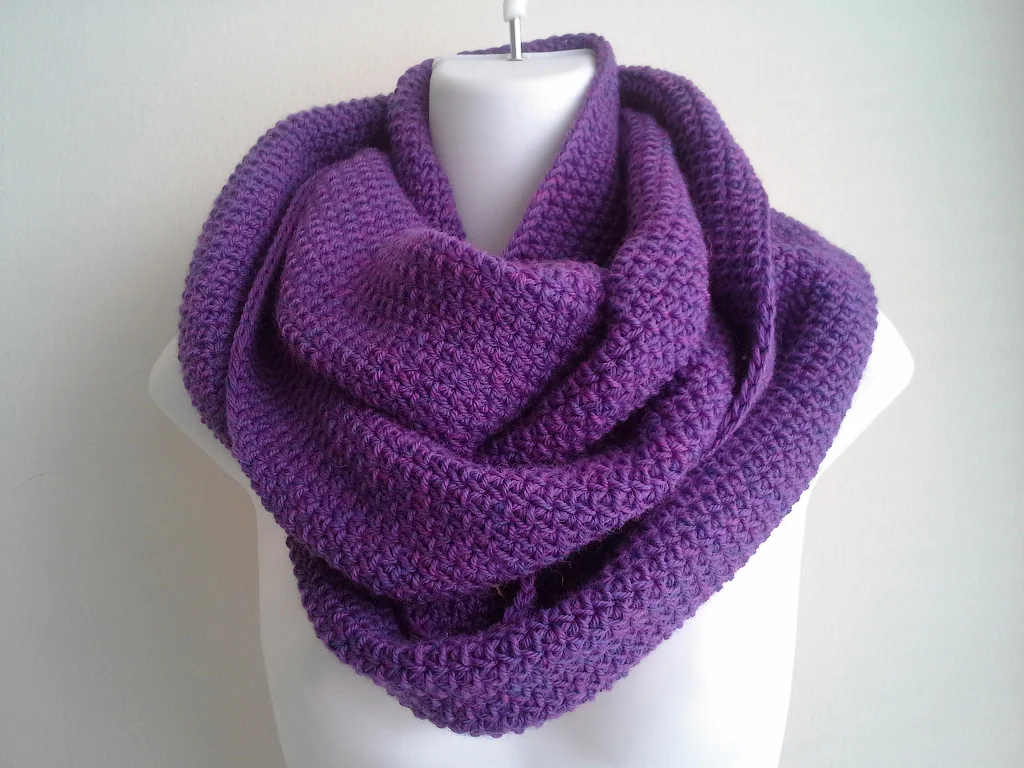 Vanessa Plum wearing a purple scarf, fashion editorial photo