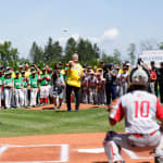 Clint Hurdle (pirates manager) throwing first pitch to Japan catcher
