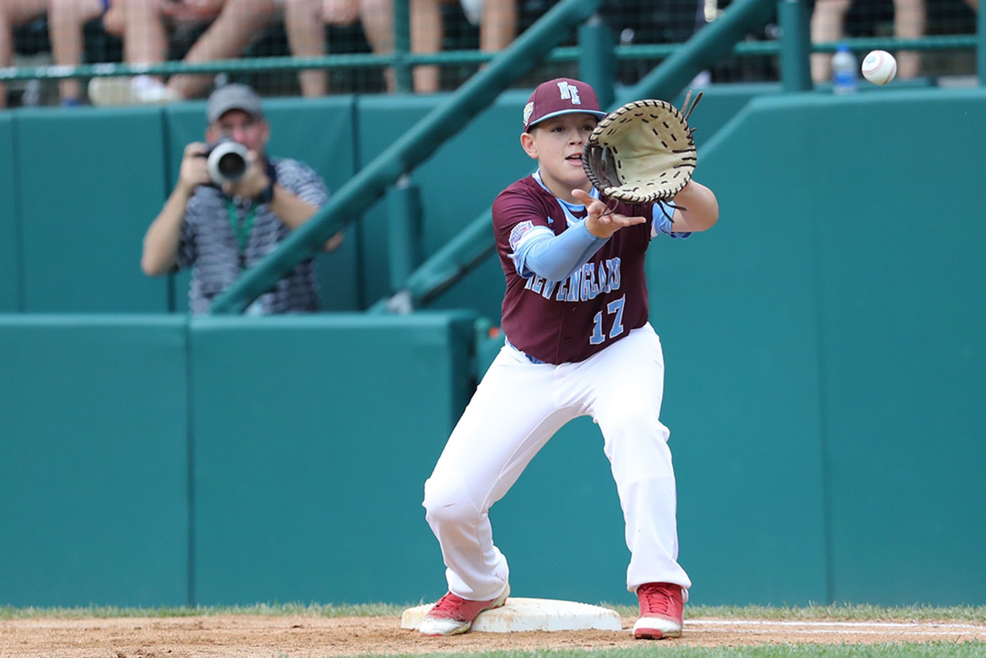 new england first baseman catching ball