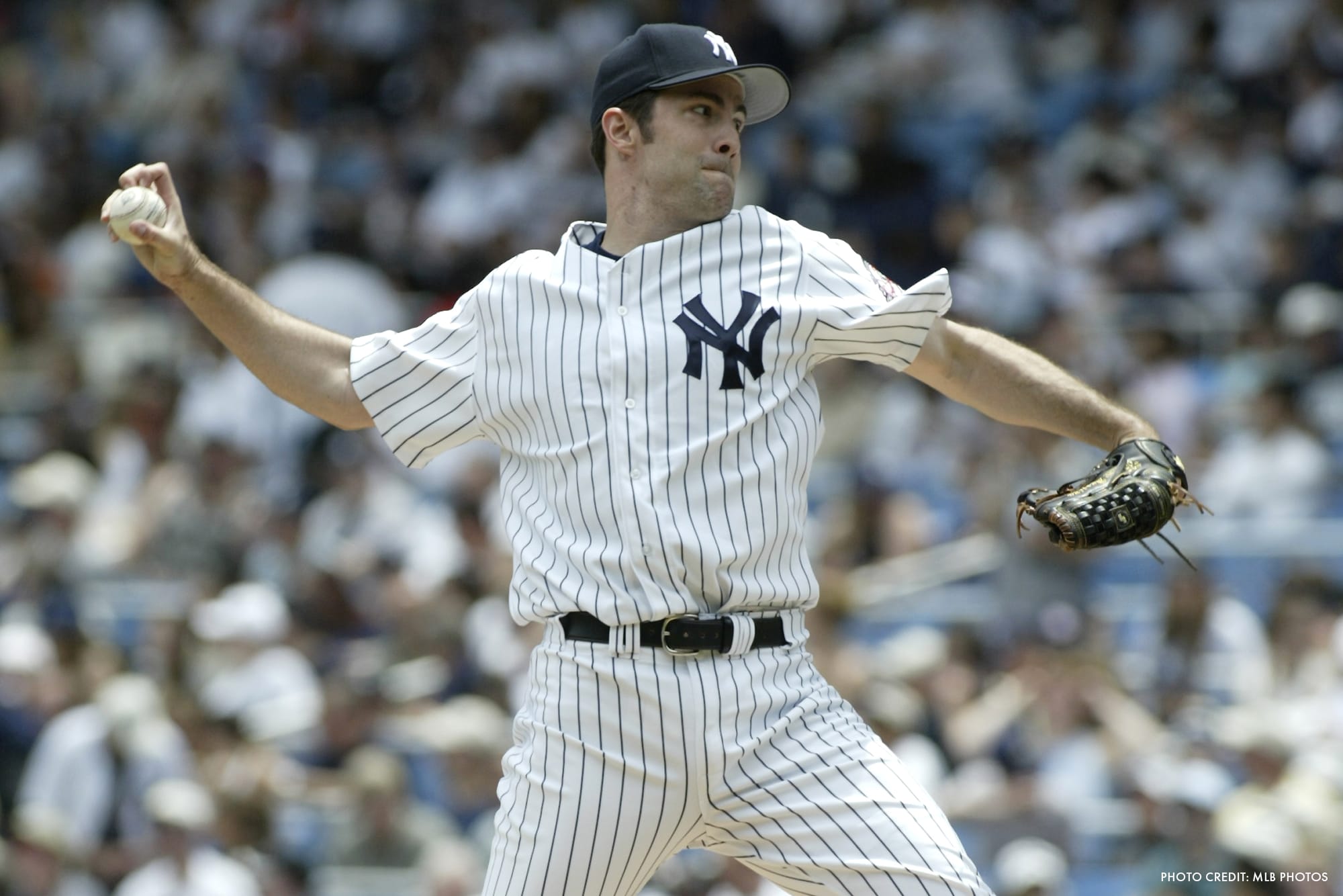 New York Yankees Mike Mussina follows through in the first inning