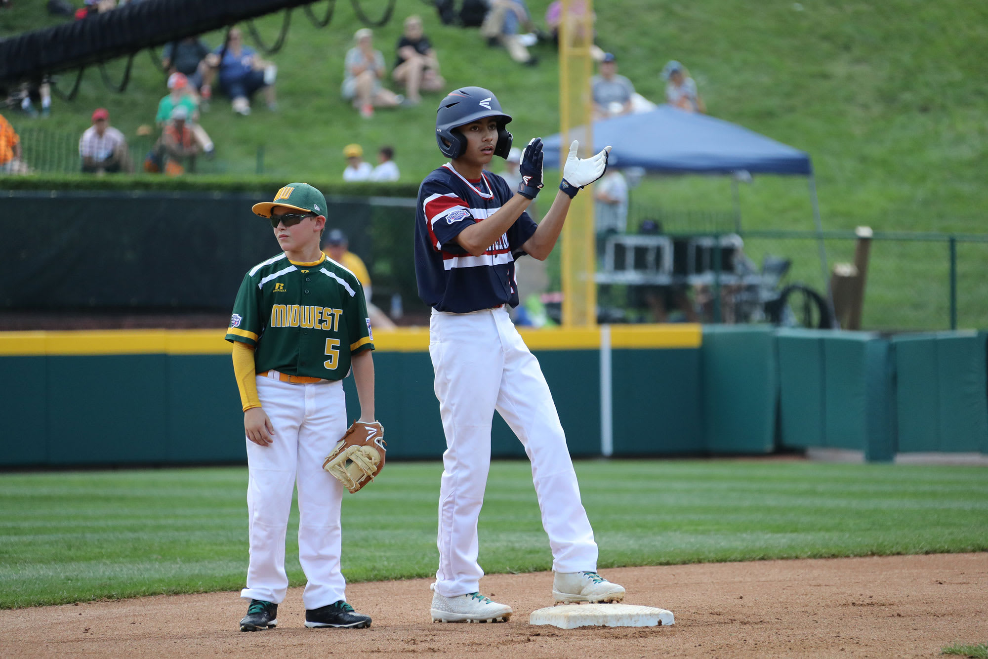 MA player cheering from second base