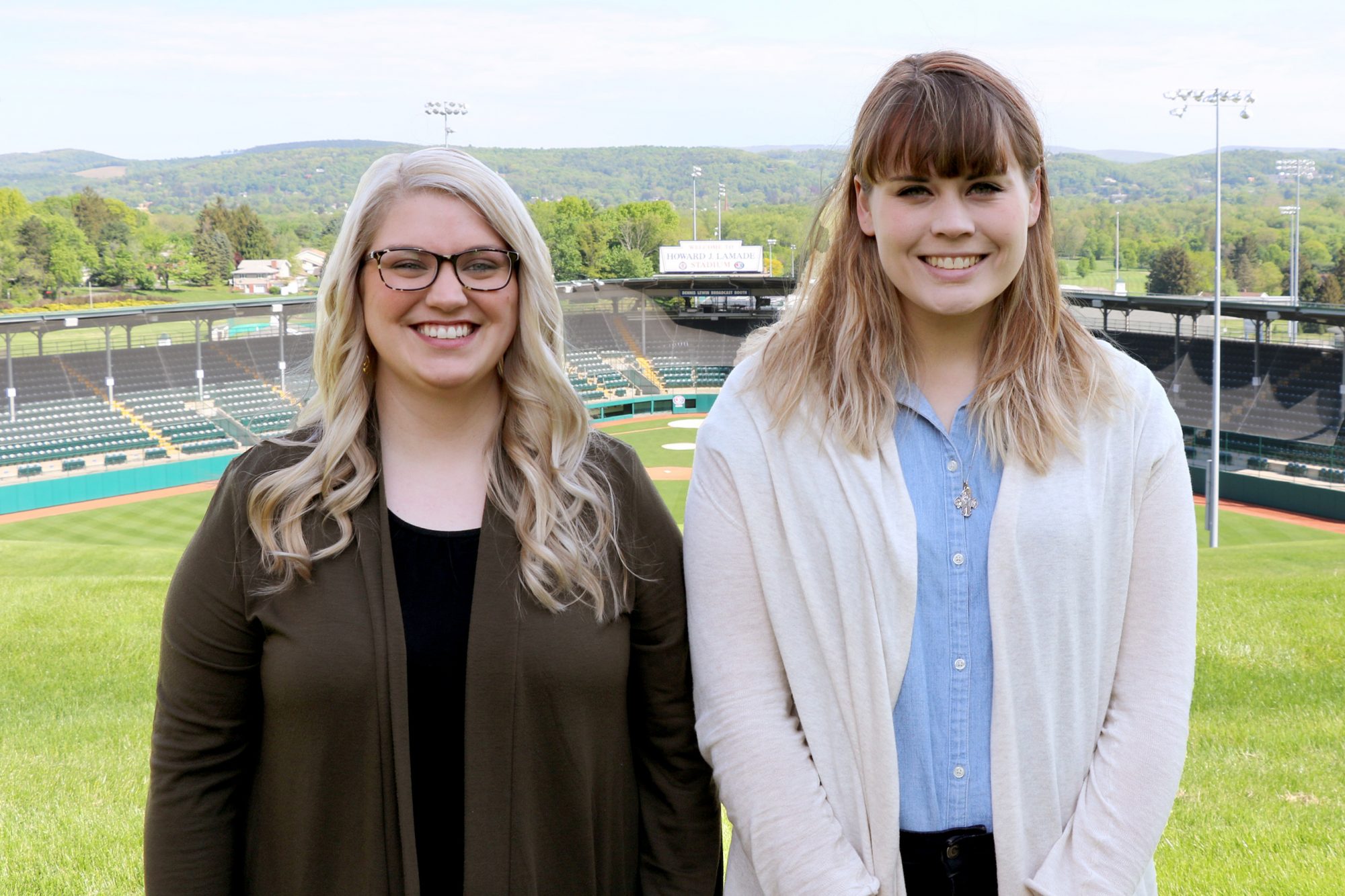 Photo of Amy Brooks and Hannah James above Howard J. Lamade Stadium.