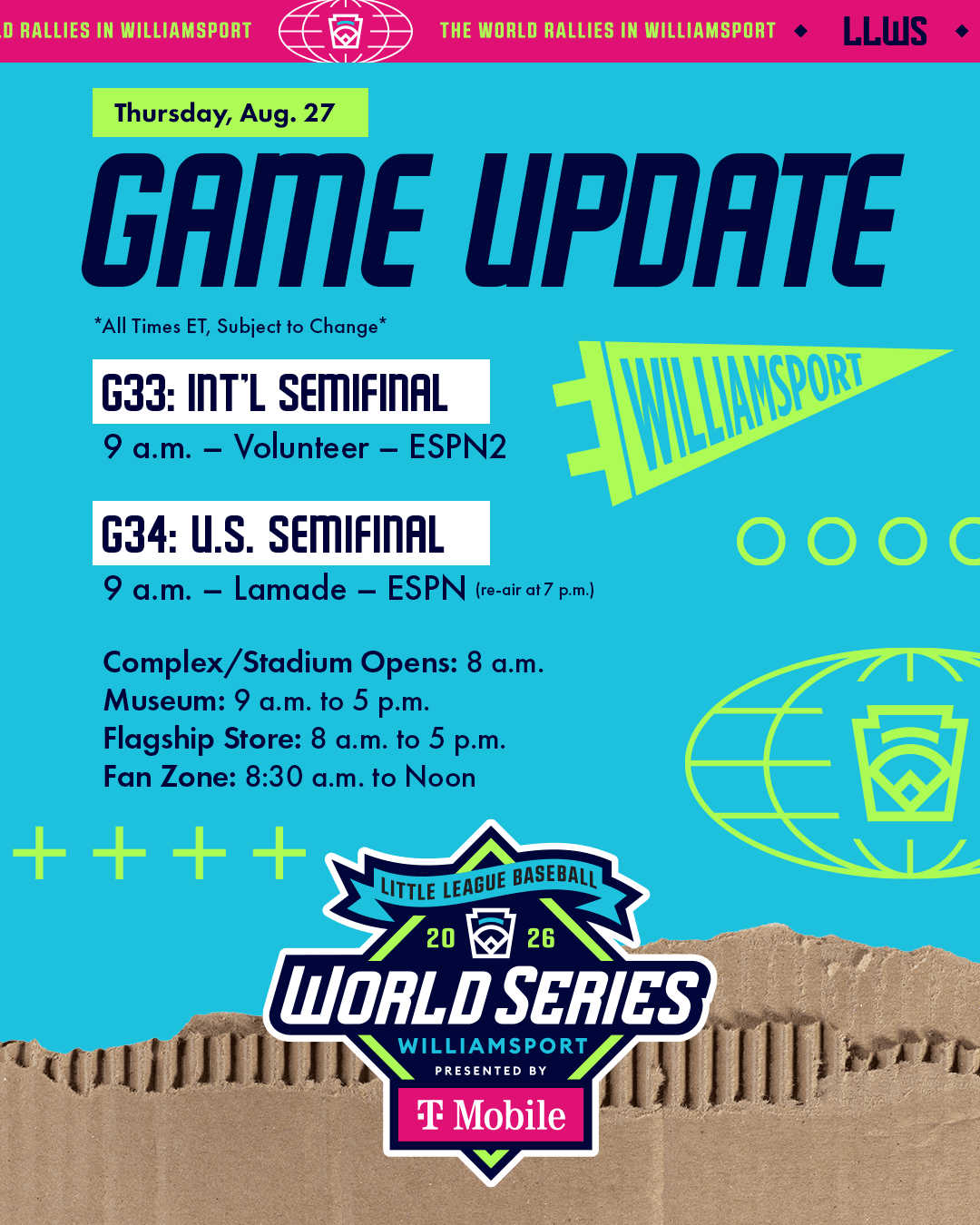 تحديثات جدول بطولة Little League Baseball® World Series لعام 2026 ليوم الخميس 27 أغسطس