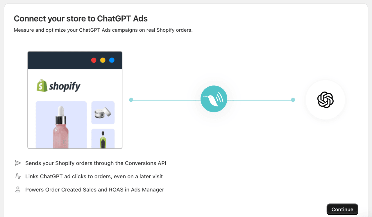 Give ChatGPT ads a purchase signal to optimize toward The Littledata app screen for connecting a Shopify store to ChatGPT Ads