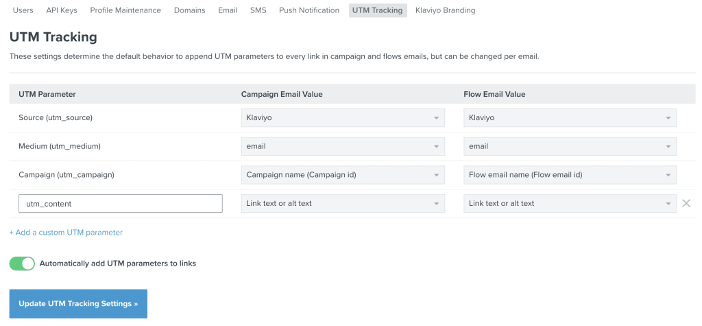 klaviyo utm settings