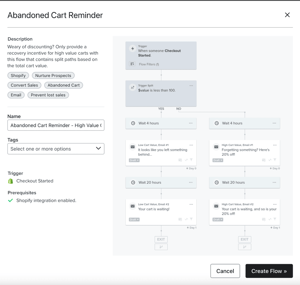 Instead, many flow templates - like the high vs low-value split flow below - use the Checkout Started trigger. This event is tracked out of the box.