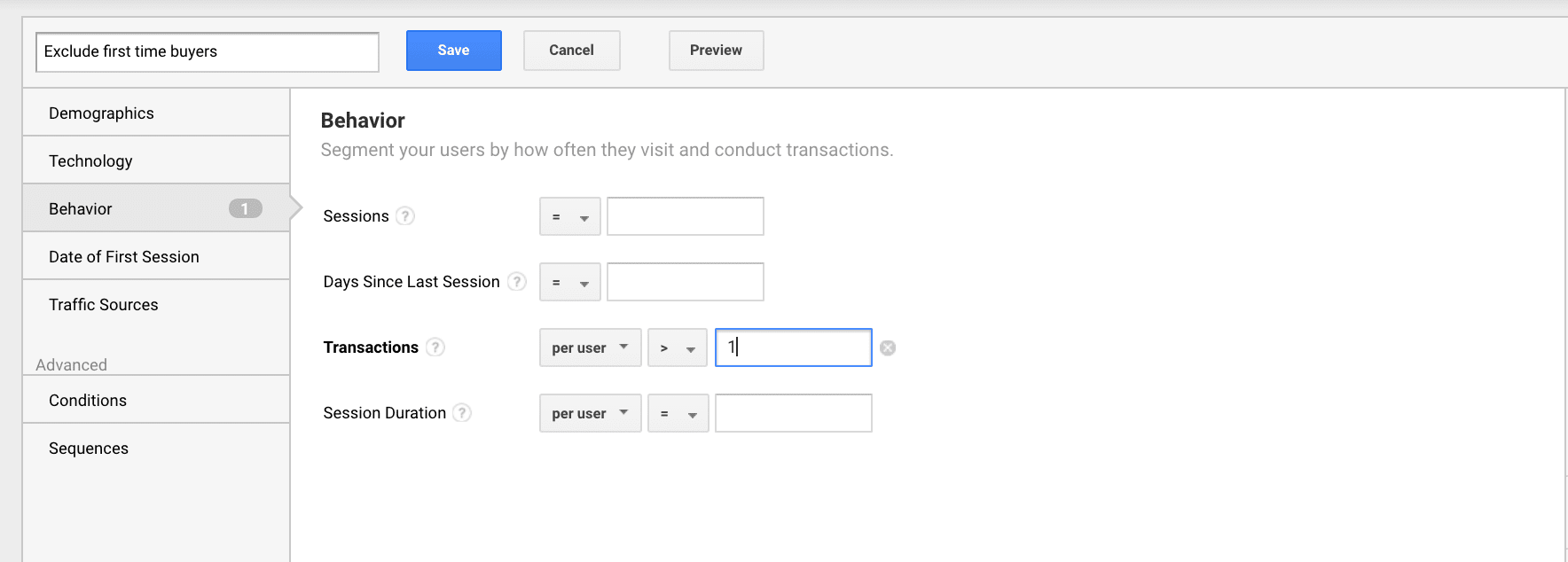 Create a segment to exclude the first time buyers