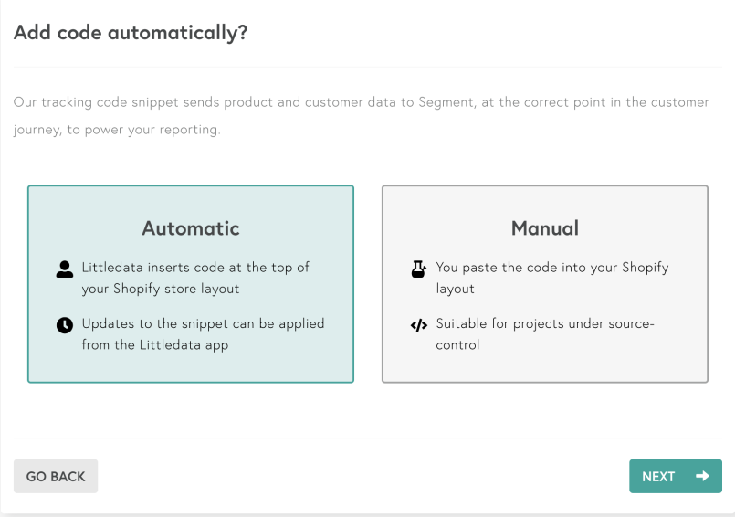 Choose Manual or Automatic Shopify install