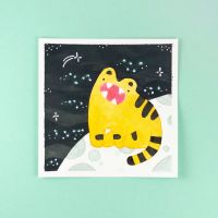 Ink painting of tiger named Big Mouth sitting on the moon looking a stars