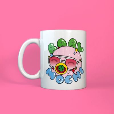 Front view of a mug with an illustration of a pink mochi rice cake wearing tinted sunglasses and a dummy. Baby Mochi is written in bubble letters around it.