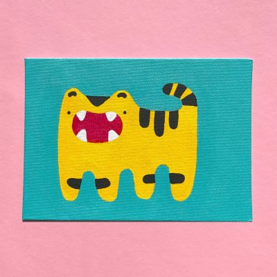 Big mouth the tiger painted on canvas on a gren blue background