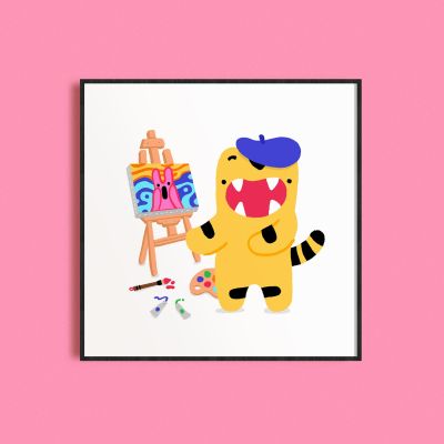Square framed poster with big mouth painting his friend hops