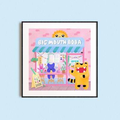 Big Mouth Boba Shop print in a black frame on a blue background