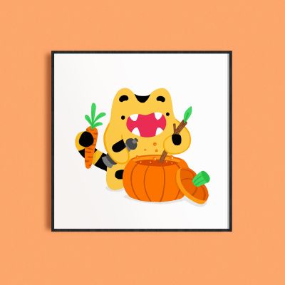 Square framed poster with big mouth cooking pumpkin soup