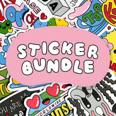 All kpuns stickers in the background with pink blob text saying: Sticker Bundle