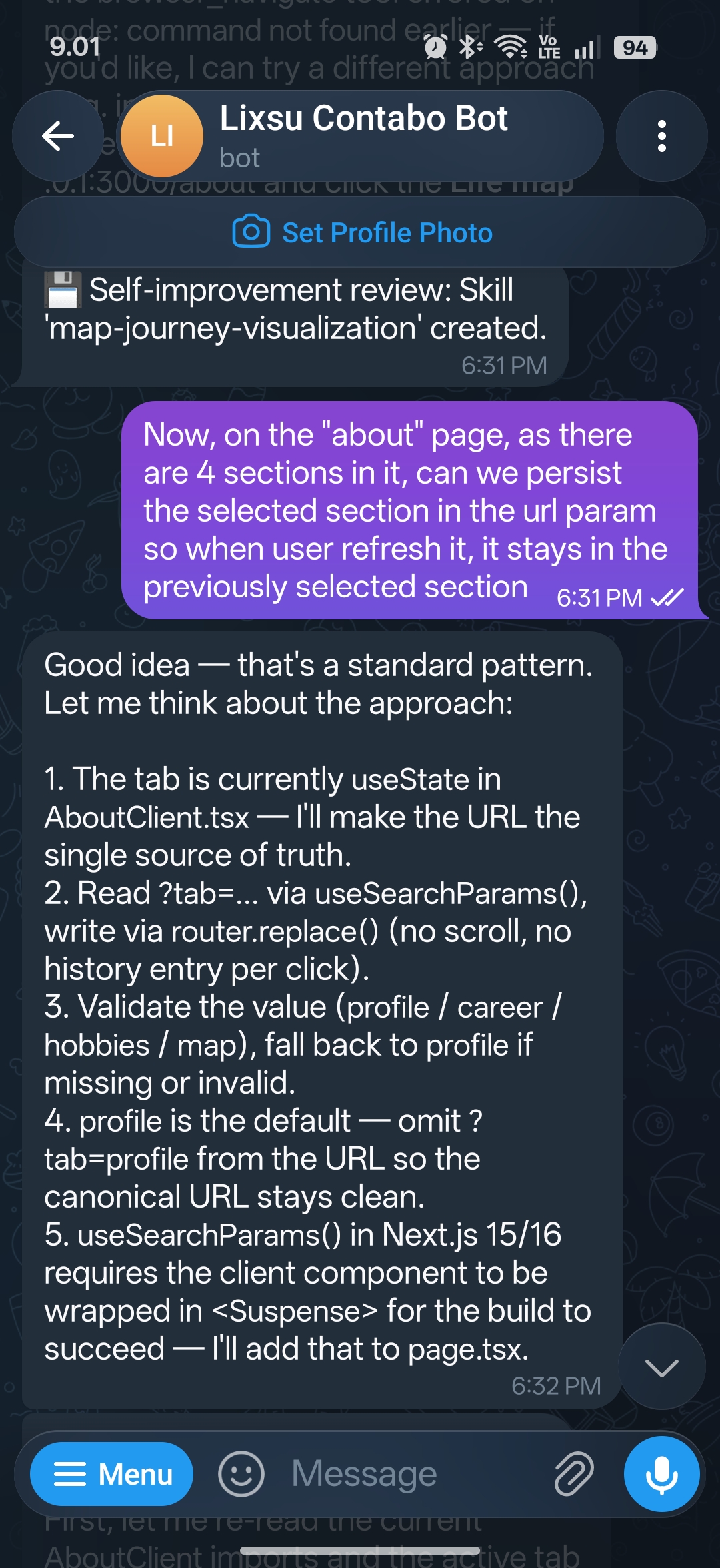 Hermes Agent Telegram Chat Screenshot