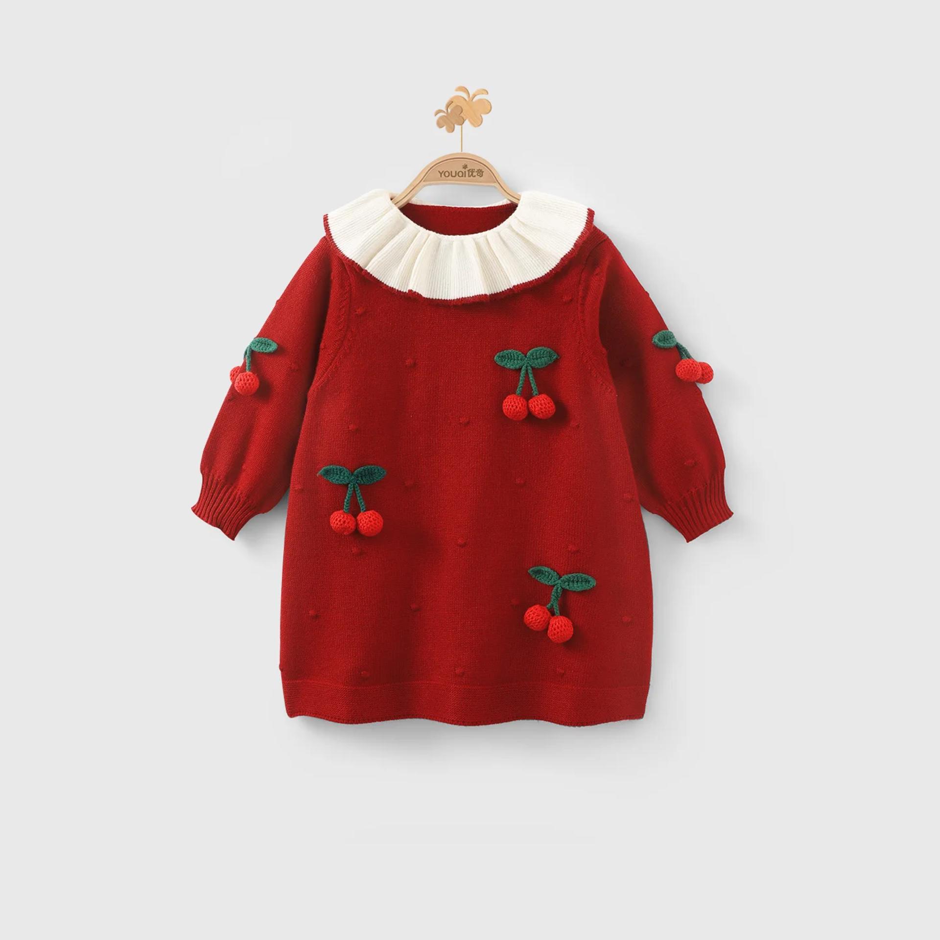 Girls' Princess Style Knitted Dress with Baby Lotus Collar Pure Cotton Autumn Sweater Skirt Sweet Cherry Design Cute Fashion view 3