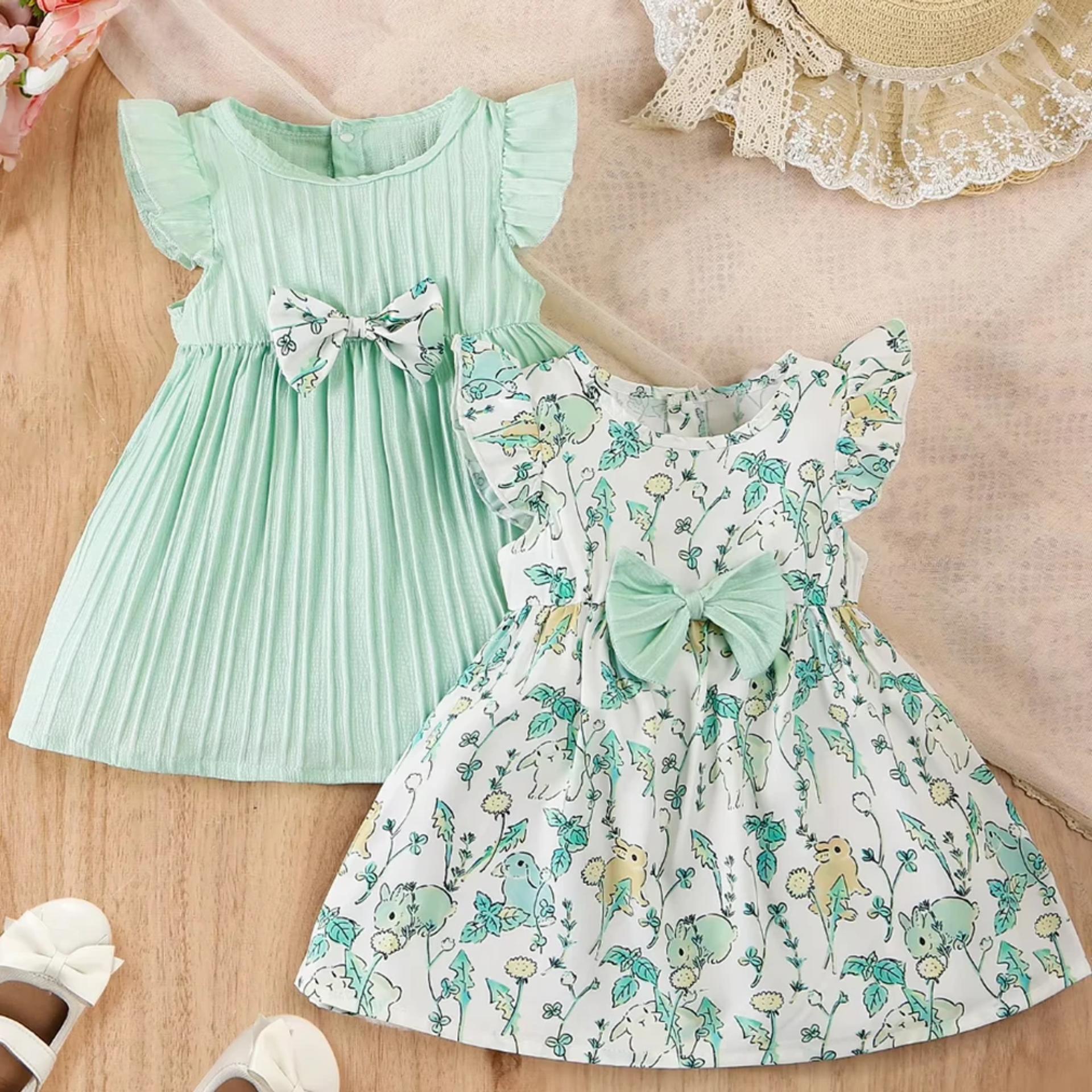 Girl's Summer Fresh Two-Piece Dress Set - Mint Green Puff Sleeve Skirt + Animal Print Ribbon Princess Dress