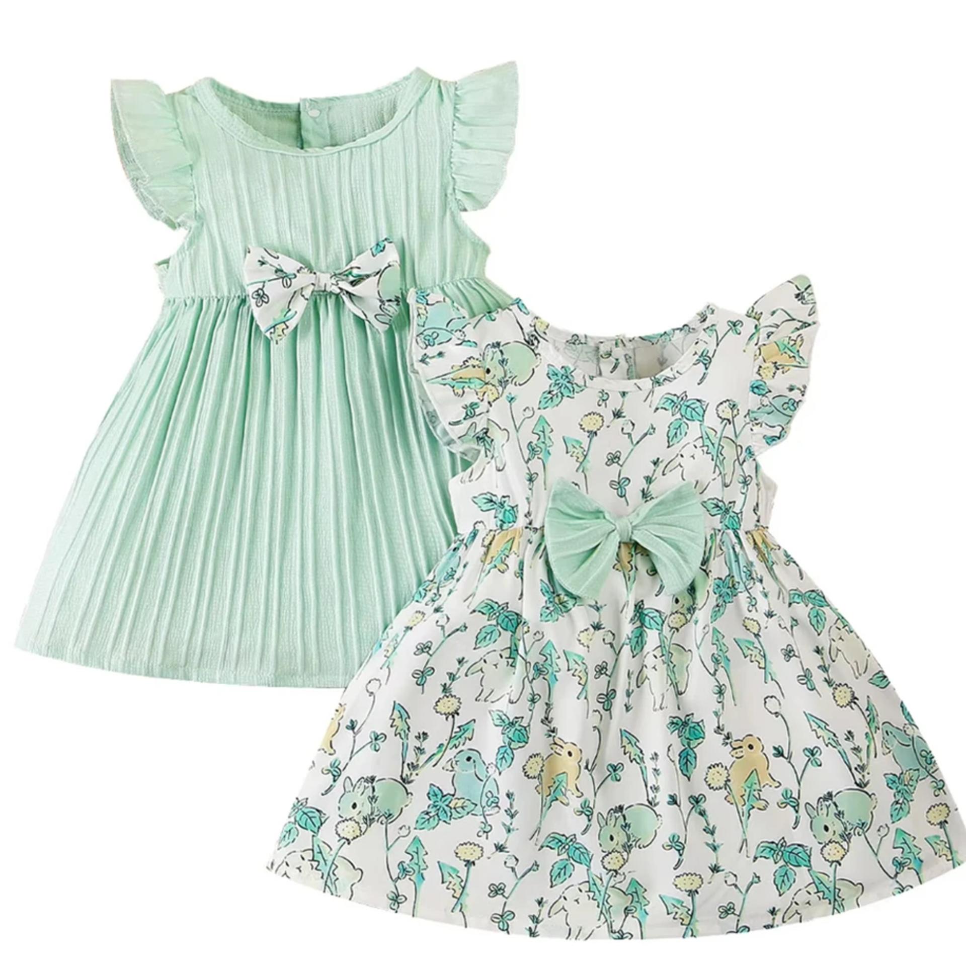 Girl's Summer Fresh Two-Piece Dress Set - Mint Green Puff Sleeve Skirt + Animal Print Ribbon Princess Dress alternate