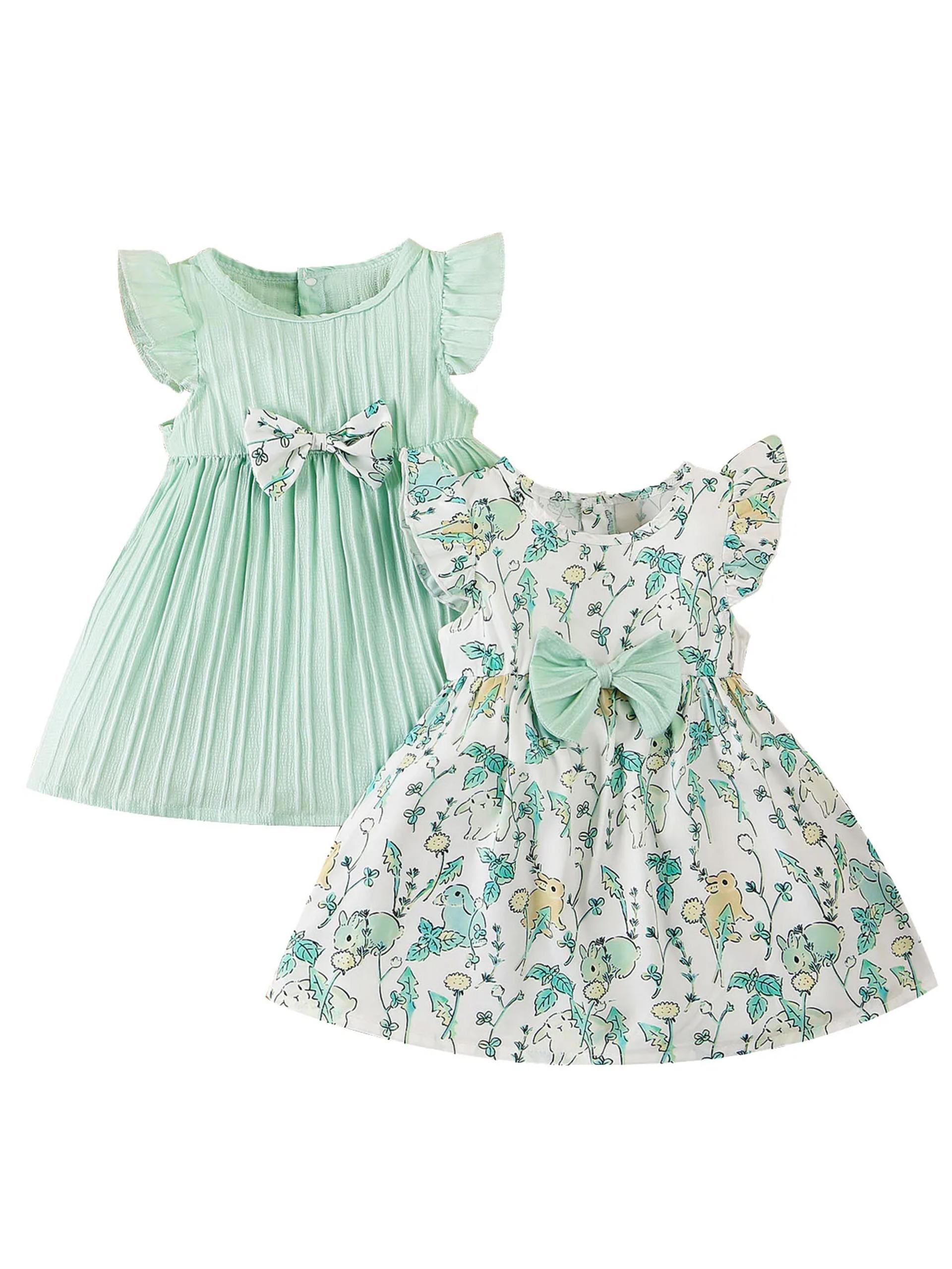 Girl's Summer Fresh Two-Piece Dress Set - Mint Green Puff Sleeve Skirt + Animal Print Ribbon Princess Dress view 3