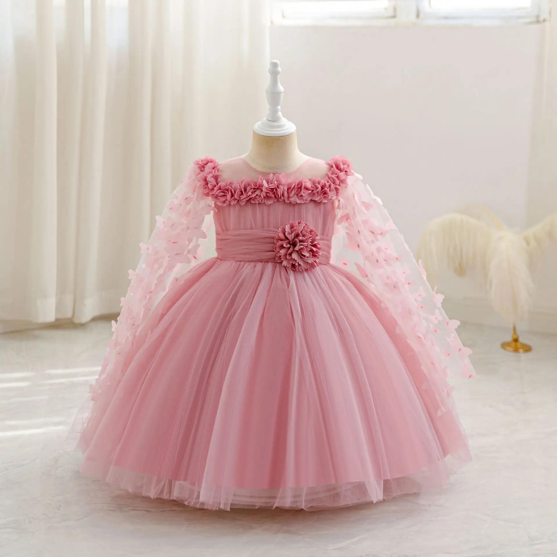 HETISO Baby Girls Dress Tulle Long Sleeve Butterfly Birthday Bridesmaids Ball Gown Kids Wedding Princess Costumes 2-7Y