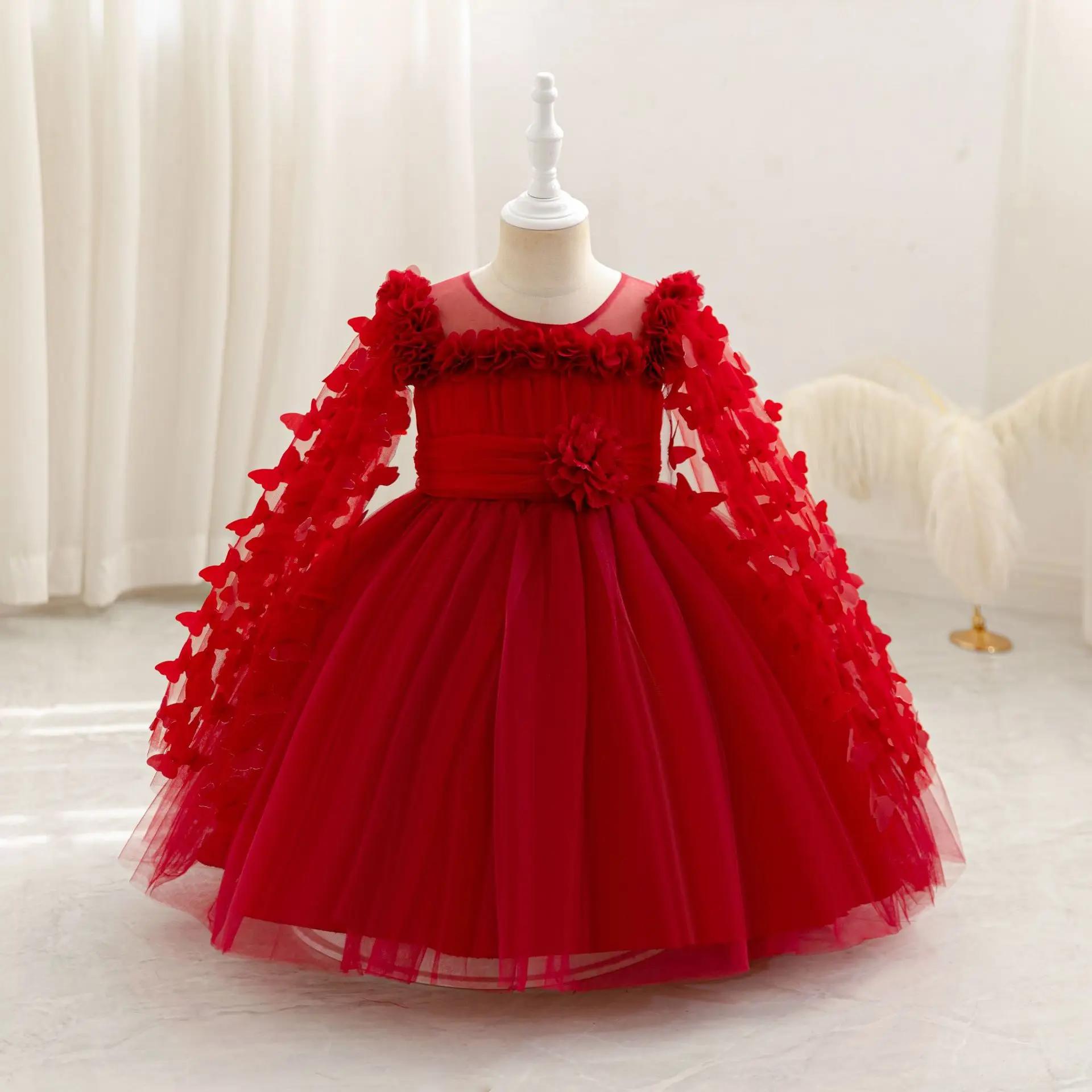 HETISO Baby Girls Dress Tulle Long Sleeve Butterfly Birthday Bridesmaids Ball Gown Kids Wedding Princess Costumes 2-7Y view 3