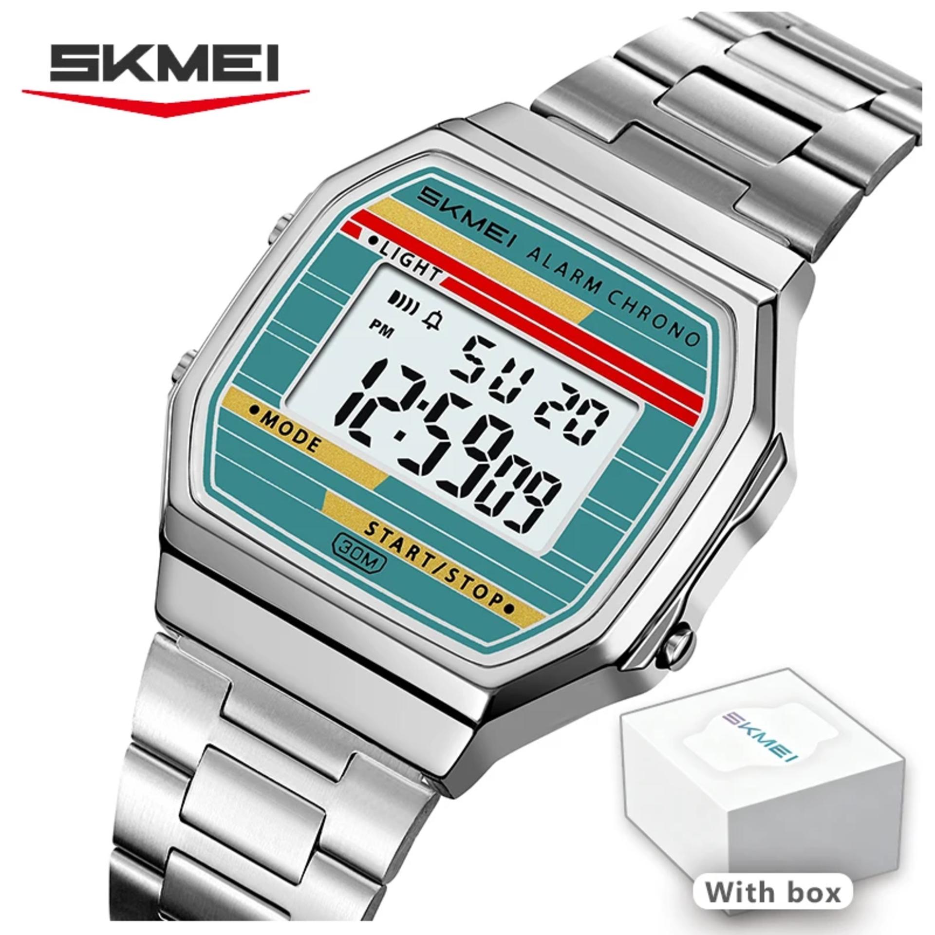SKMEI Men's Digital Watch Retro Square Gold Case Stainless Steel Band LED Light Stopwatch Alarm Classic Wristwatch 2514