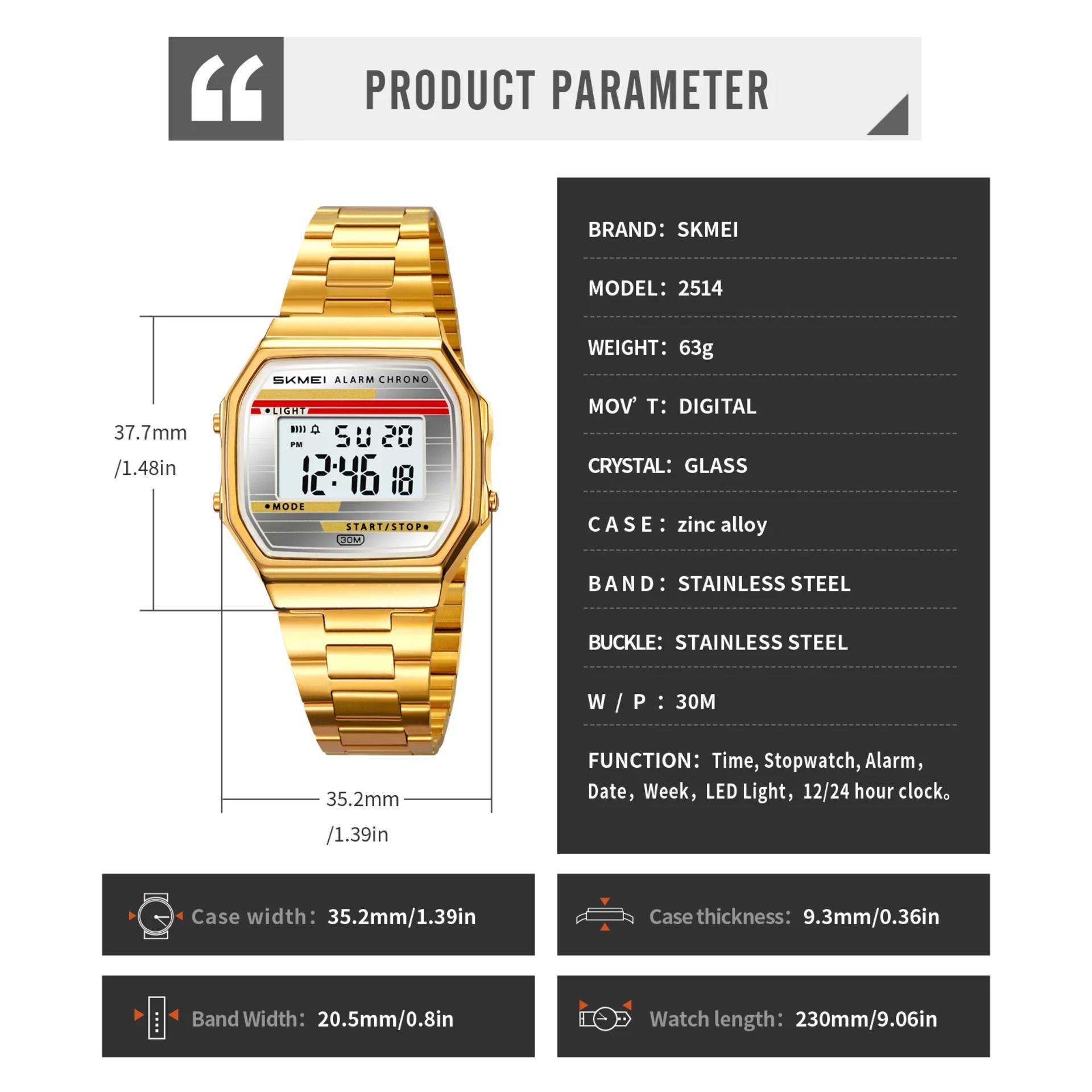 SKMEI Men's Digital Watch Retro Square Gold Case Stainless Steel Band LED Light Stopwatch Alarm Classic Wristwatch 2514 alternate