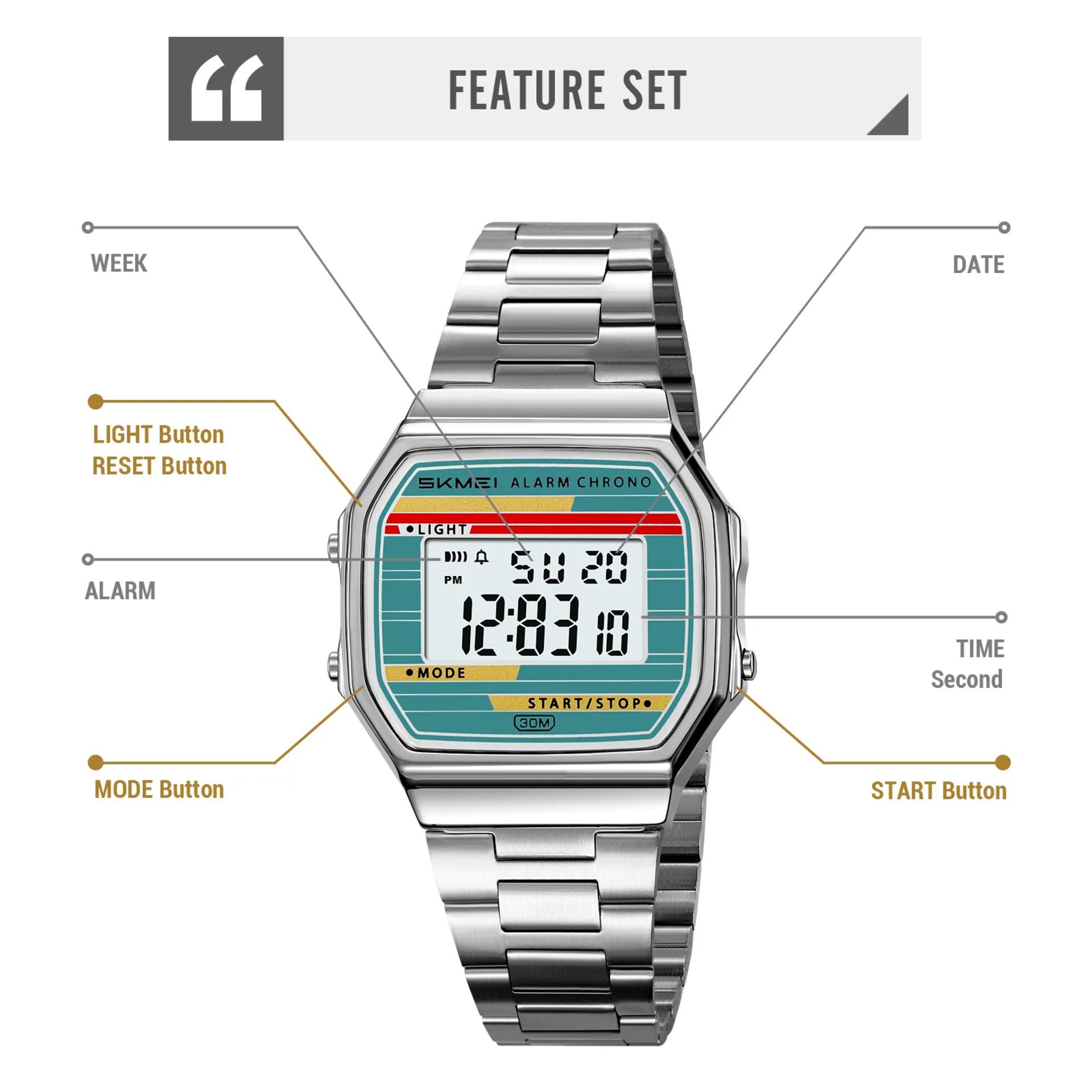SKMEI Men's Digital Watch Retro Square Gold Case Stainless Steel Band LED Light Stopwatch Alarm Classic Wristwatch 2514 view 3